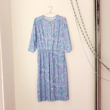 80s Cool Toned Paisley Print Dress / Medium Large 