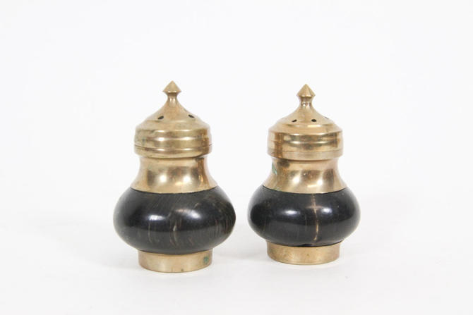 Vintage MCM Wood Brass Salt & Pepper Shakers Made Japan 9 Mid Century Modern