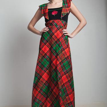 plaid maxi dress vintage 70s green red tartan rose floral applique tie open back S SMALL 