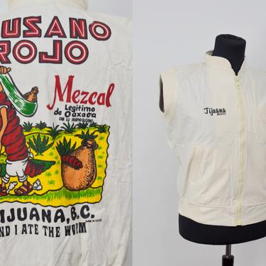 Vintage 60s/70s Tijuana Mezcal Gusano Rojo Cotton Vest Jacket, 60s Feed Sack Material, Vintage Ideal Nylon Zipper, Mens Medium by Mo