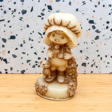 Vintage 1970s Girl with Kitten Hallmark Candle - Strawberry Shortcake Style Candle Funky Hippie Decor 