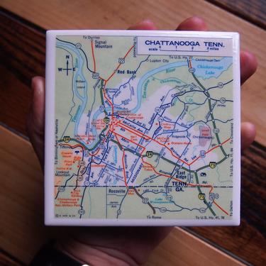1972 Chattanooga Tennessee Map Coaster Ceramic. Vintage Chattanooga Map. Tennessee Gift Housewarming. Tennessee River. Lookout Mountain Map. 