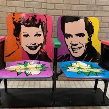 Hand Painted Andy Warhol Style Retro Pair of Vintage Theater Seats 
