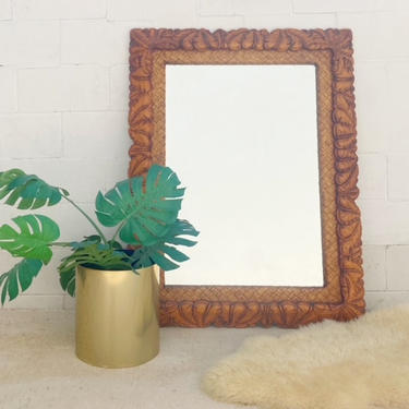 Tropical Palm Motif Mirror with Woven Wicker Mat