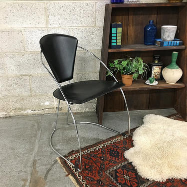 LOCAL PICKUP ONLY Vintage Metal Chair Retro 1990's Black Vinyl Seat with Curved Chrome Metal Frame Office or Living Room Chair 