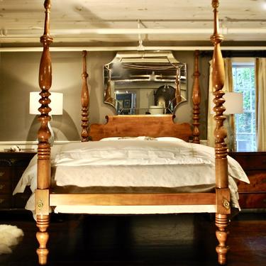 Late Sheraton Tall Post Bed in Maple, Original Posts Circa 1830, Resized to Queen with Chamfered Roll-Back Headboard