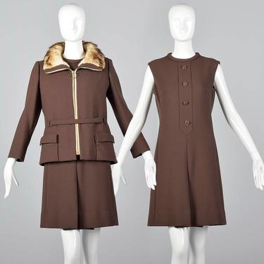 Medium 1960s Brown Wool Winter Dress Muskrat Fur Lined Jacket Winter Separates Long Sleeve Separates Fur Coat Shift Dress 60s Vintage 