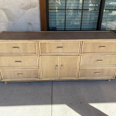 Palm Beach Style, Faux Bamboo Wood or Pencil Reed Wrapped, Triple Dresser / Credenza & Nightstand, C. 1980s 