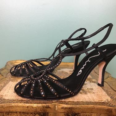 vintage shoes, Nina heels, size 8, black satin, rhinestone shoes, early 2000s, scrappy high heels, formal, cocktail, cage heels, dance, prom 
