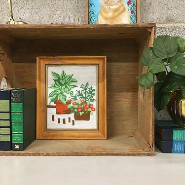 Vintage Plant Embroidery 1970's Retro Size 11x13 Homemade Crewel in Wood Frame Green Plants in Terra Cotta Pots Wall Art  by Valiant Crafts 