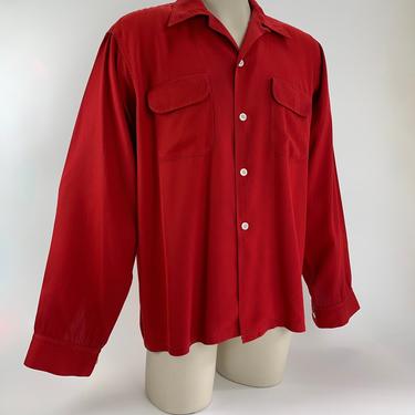 1940's Rayon Gabardine Shirt - Vivid Red - Flap Patch pockets - Loop Collar - Top Stitch Details - Men's Size LARGE - Extra Long Sleeves 