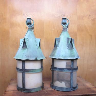 Pair Antique 1910s Arts &amp; Crafts Mission Style Verdigris Patina Interior-Exterior Lantern Sconces with Glass Panes and Modern Wiring 