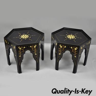 Pair J. B. Van Sciver Black Chinoiserie Moroccan Style Hexagon Ebony Side Tables