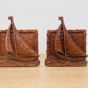 Vintage Syroco Wood Sailboat Bookends 
