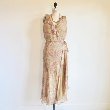 Vintage 1930's Style Fawn Floral Print Silk Chiffon Wrap Tea Dress Sleeveless Midi Length Spring Garden Party Ralph Lauren Size 6 
