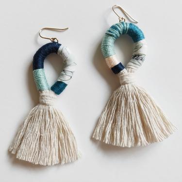 Wrapped Fabric Multicolor Tassel Earrings - Asymmetrical Modern Fringe - Teal Turquoise Mint Peach Navy Blue - Large Statement - Gold Filled 
