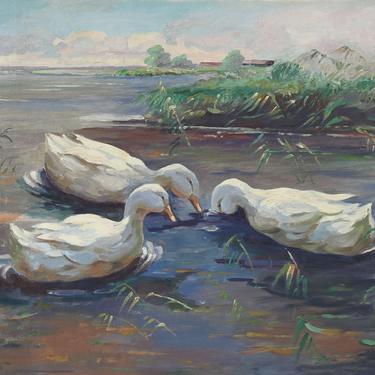 Mid Century Painting Ducks In Pond