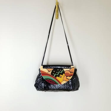 Vintage Moon Bag by Patricia Smith / 80s Black Patent Leather Statement Bag / Painted Acrylic Flapper Girl Handbag / Art Deco Clutch Purse 