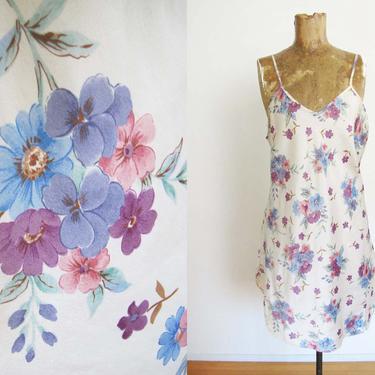 Vintage 90s Satin Nightie M - Satin Floral Print Mini Slip Dress - Blue Purple Floral Print Lingerie Dress 