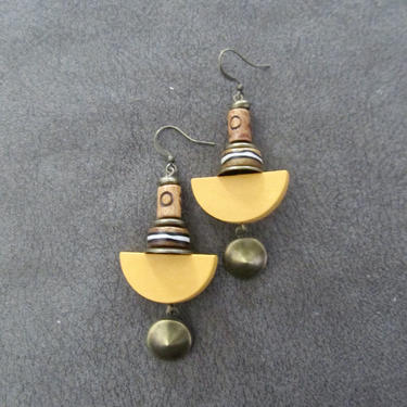 Yellow wood earrings, Afrocentric earrings, African earrings, bold earrings, statement earrings, geometric earrings, rustic natural earrings 