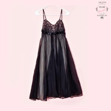 Vanity Fair Vintage Babydoll Nighty Nightgown Lingerie 1960's Black Chiffon Sexy Pinup Dress, 1950's 
