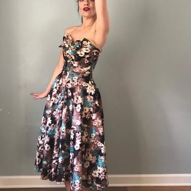 Vintage 50s Strapless Floral Print Fit and Flare 