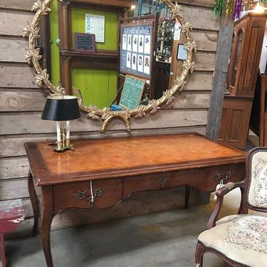 French country style faux partners desk, Empire style desk light, fabulous gold plaster mirror and a Bergere chair. Ooh la la! #countryfrench #frenchcountry #partnersdesk #vintagestyle  #countrystyle  #frenchstyle #communityforklift