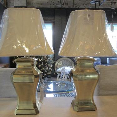 LARGE PAIR OF HEAVY VINTAGE BRASS LAMPS WITH NEW SHADES