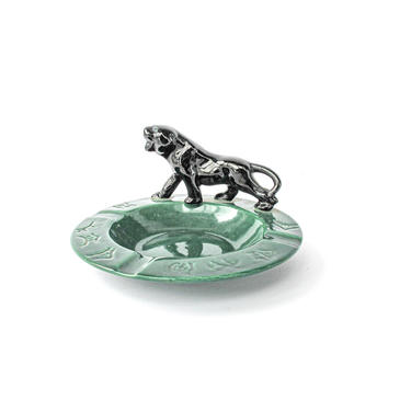 Mid-century Ceramic Green Ashtray with Panther 