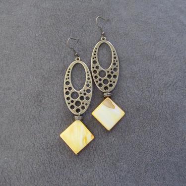 Mother of pearl earrings, shell statement earrings, bohemian earrings, bold earrings, mid century modern, yellow earrings, tribal bronze 2 