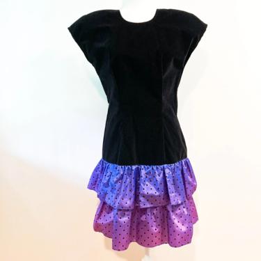 80s Black Velvet and Purple Polka Dot Party Dress | Small/Medium 