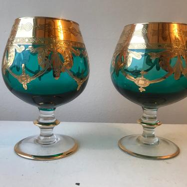 Murano Green Glass with Gold Brandy Snifter Glasses 