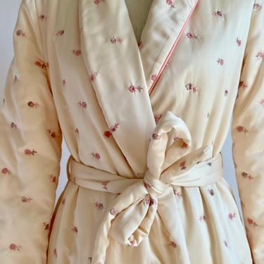 Satin Robe Ivory with Embroidered Pink Flowers 1960’s 
