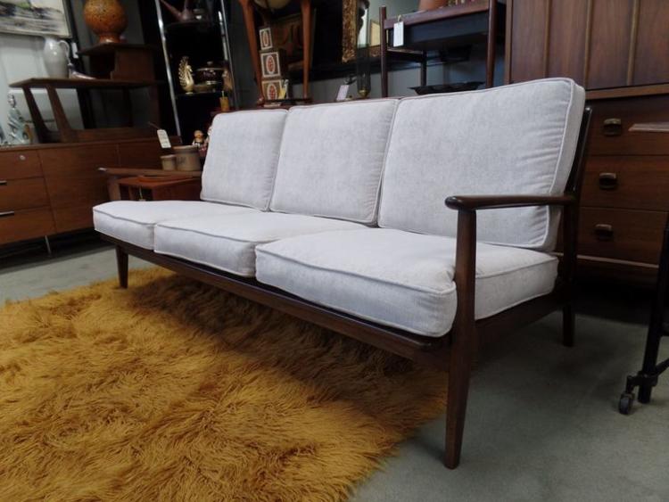 Danish Modern wood frame sofa with new grey upholstery