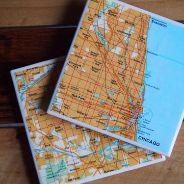 1996 Chicago Illinois Handmade Repurposed Map Coasters - Ceramic Tile Coasters Set of 2 - Repurposed 1990s Oxford Atlas - Windy City 