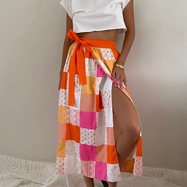 70s patchwork wrap skirt / vintage handmade orange pink cotton gingham floral patchwork quilt hostess maxi wrap skirt | 26-32 W 