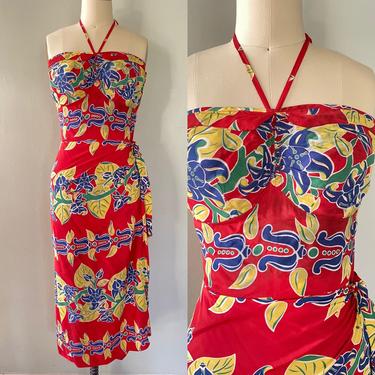 Vintage 1940s 1950s Cold Rayon Border Print Halter Sarong Dress 