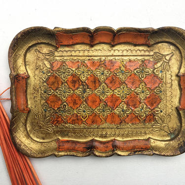 Vintage Florentine Italian Tray, Small Mid Century Tray, Gold Gilt With Orange 