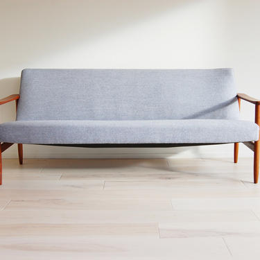 Scandinavian Mid Century Modern Teak Three-Seater Sofa with light Grey Wool Upholstery 