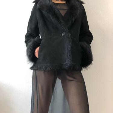 Vintage Cole Haan Black Suede Sheepskin Fur Jacket 