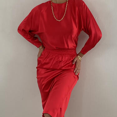 90s charmeuse batwing skirt set / vintage cherry red liquid silk charmeuse 2 piece matching set / batwing blouse elastic skirt set | M 