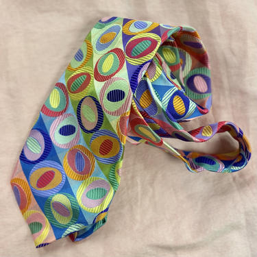 DUCHAMP LONDON Vintage 1990s 100% Silk Colorful Handmade Geometric Circle Print Necktie 