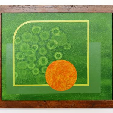 Contemporary Modernist Framed Gunda Hass Signed Acrylic Painting Green Orange 