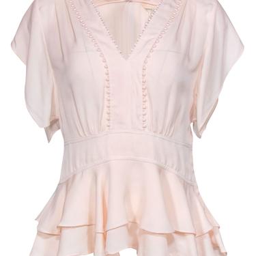 Rebecca Taylor - Pale Pink Short Sleeve Ruffled Silk Blouse w/ Embroidered Trim Sz 2