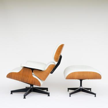 Eames Lounge Chair & Ottoman in Walnut and White Leather