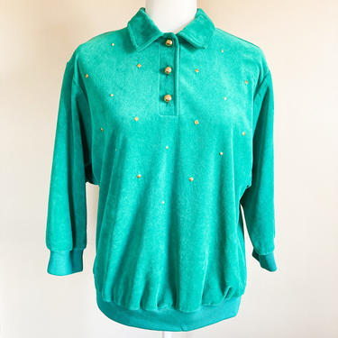 80s Turquoise and Gold Velour Collared Sweatshirt | Medium 