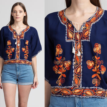 Vintage 40s Hand Embroidered Cropped Peasant Blouse - Small | 1940s Blue Floral Bell Sleeve Boho Crop Top 