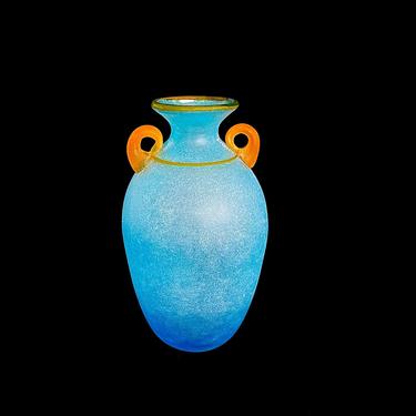 Vintage Modern Italian Murano Art Glass Vase by Franco Moretti 8 1/8&quot; Tall Blue & Orange Color 