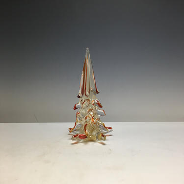 Vintage Murano Art Glass Christmas Tree Red Clear w/ Gold Dust 9&amp;quot; Foil Sticker Italy 