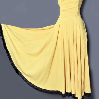 1930's Yellow Strapless Dress, 1940's Vintage Evening Party Gown, Full Circle Skirt, Cotton, Lace, WWII Swing Era 